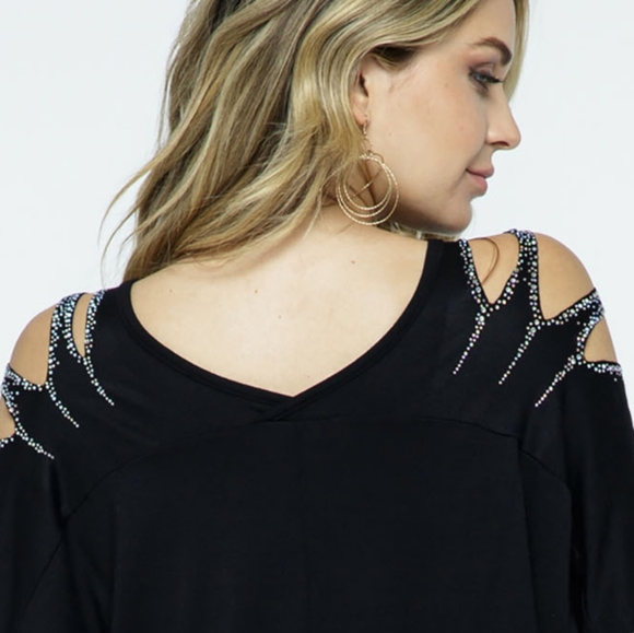 NWT VOCAL Black Cold Shoulder Top with Rhinestone Detailing - Picture 2 of 2